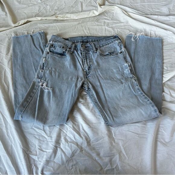 Women's Light Blue Distressed Straight Leg Jeans - Picture 9 of 13